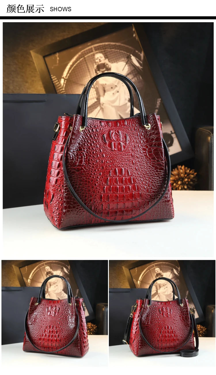 Genuine Leather Women’s Handbag – Retro Crocodile Bucket Bag