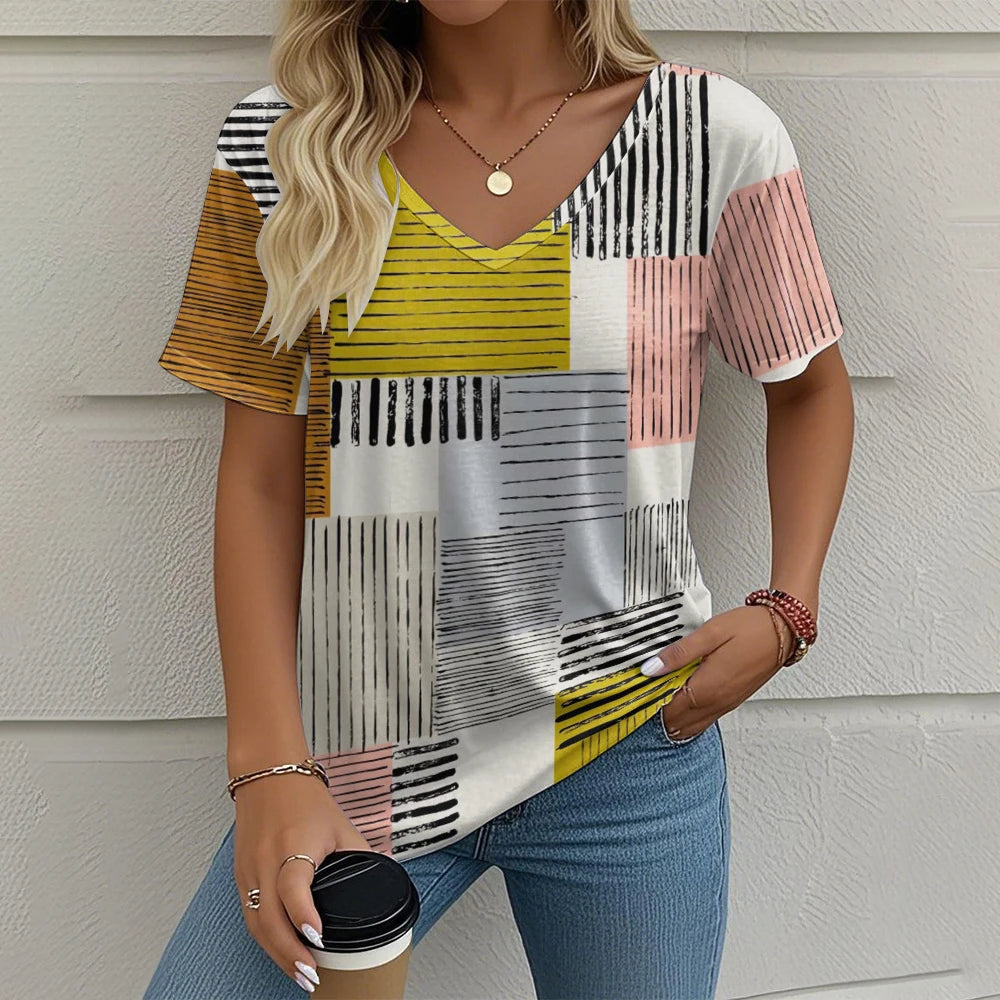 Summer Vintage Women's T-shirt Casual Plaid Pattern Printed Clothing
