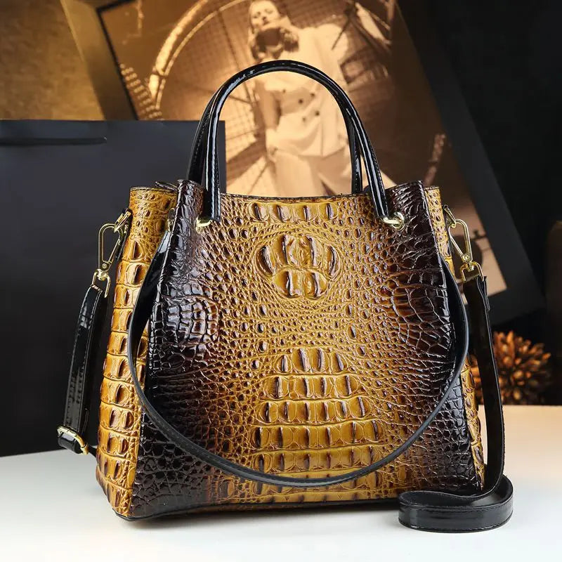 Genuine Leather Women’s Handbag – Retro Crocodile Bucket Bag