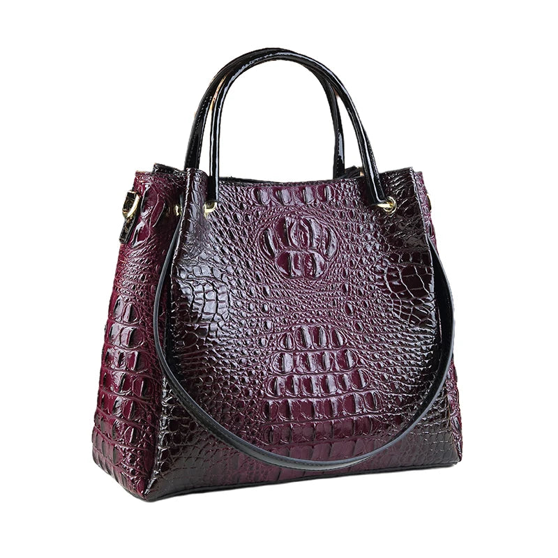 Genuine Leather Women’s Handbag – Retro Crocodile Bucket Bag