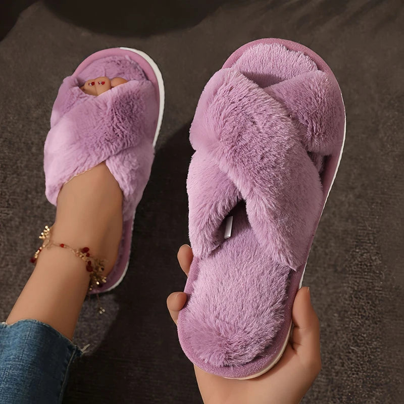 Cross Warm Slippers – Women’s Furry Flats