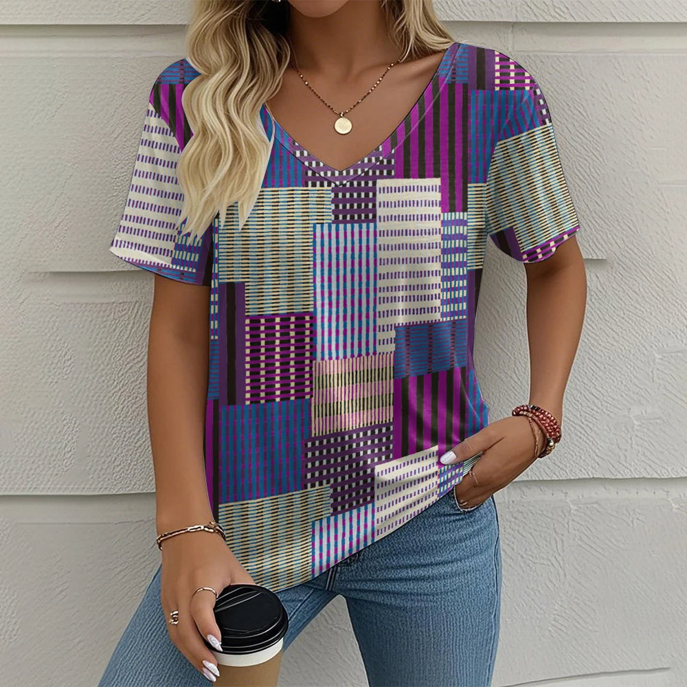 Summer Vintage Women's T-shirt Casual Plaid Pattern Printed Clothing