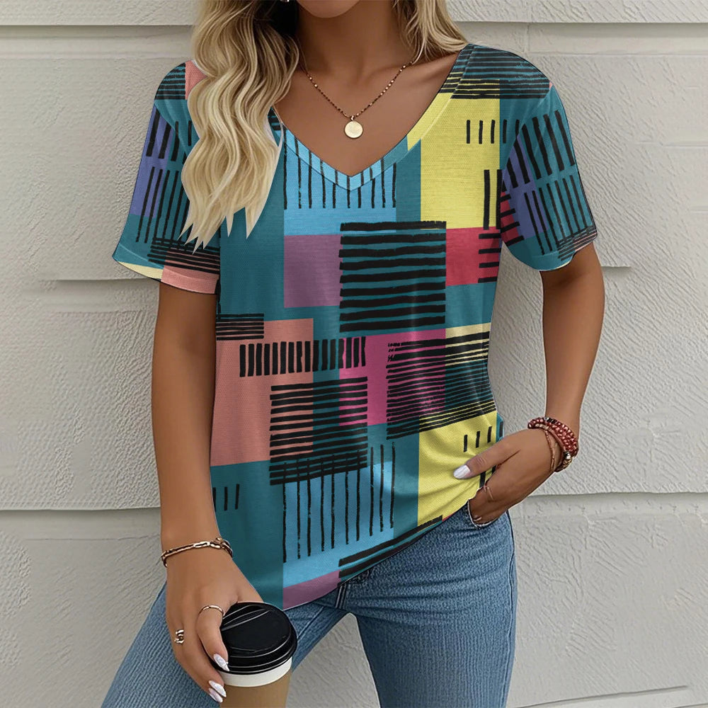 Summer Vintage Women's T-shirt Casual Plaid Pattern Printed Clothing