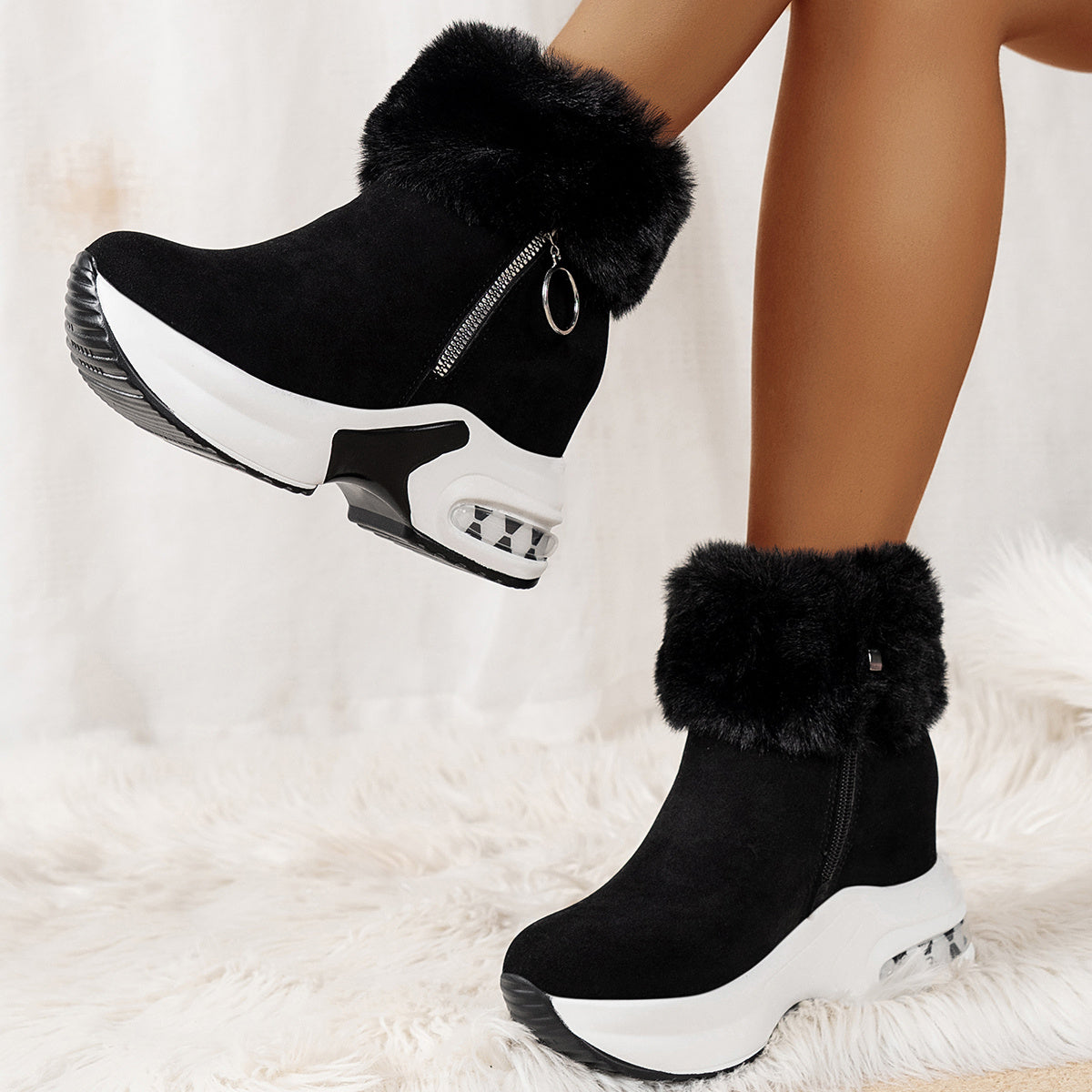 Zipper Closure Winter Shoes with Thick Platform Heel (Non-Slip PU Sole)