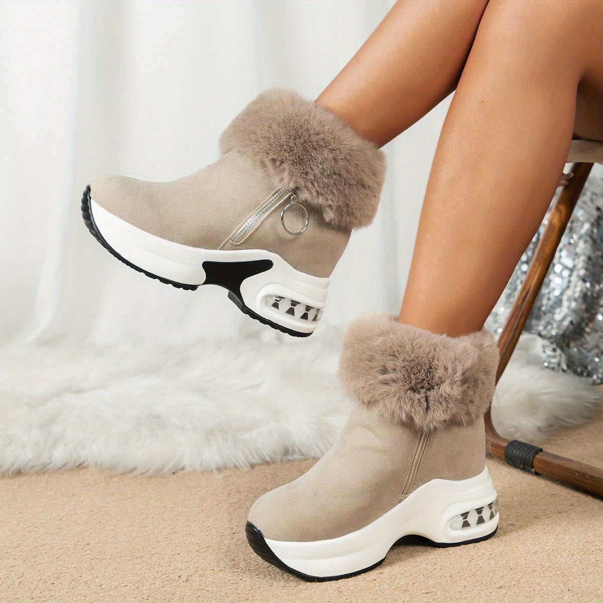Zipper Closure Winter Shoes with Thick Platform Heel (Non-Slip PU Sole)