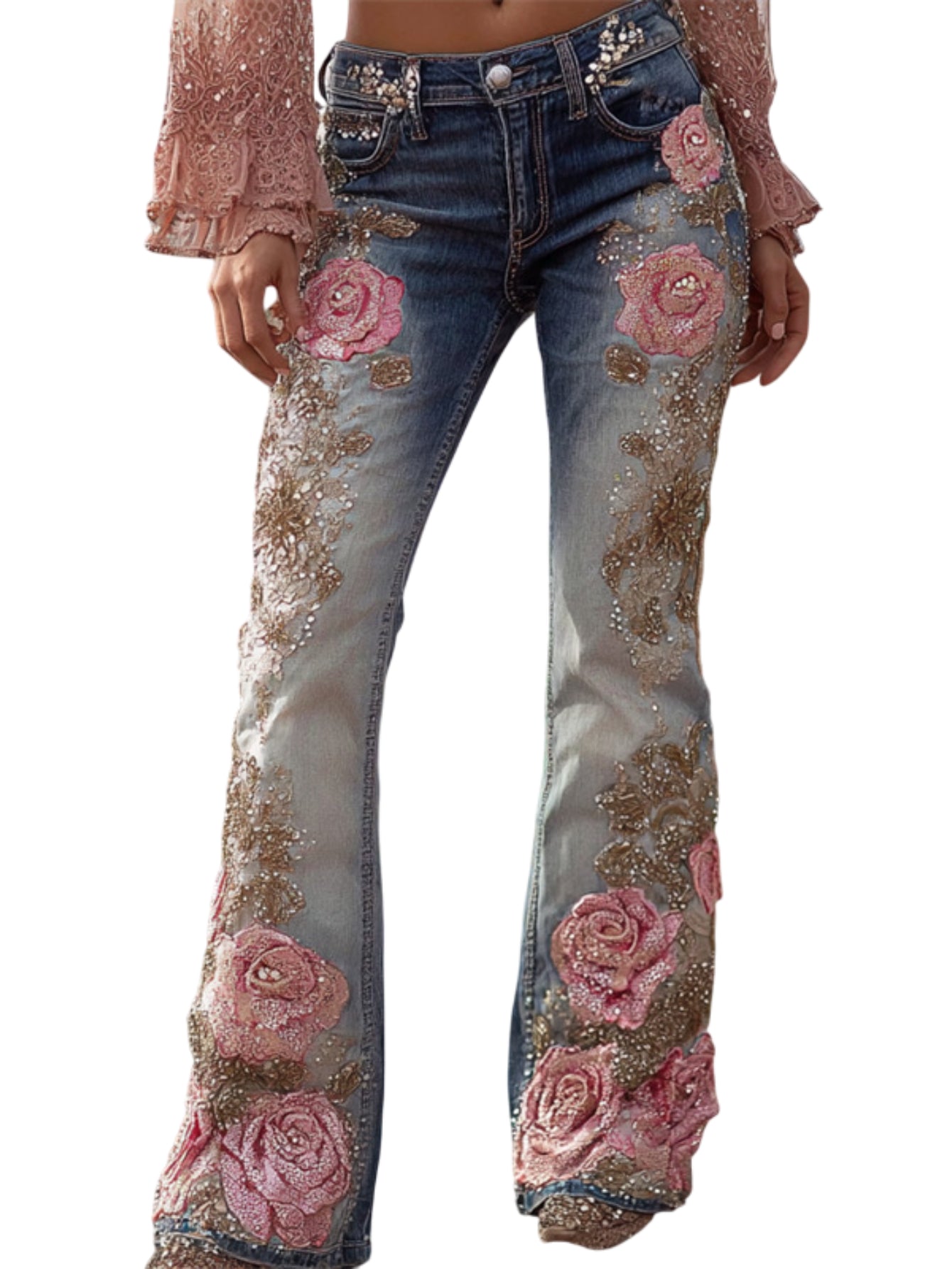 Women'S Elegant Bohemian Denim-Style Floral Print Straight Leg Trousers